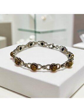 Sterling Silver Yellow Amber Link Bracelet 7.5" Elegant Womens Jewelry